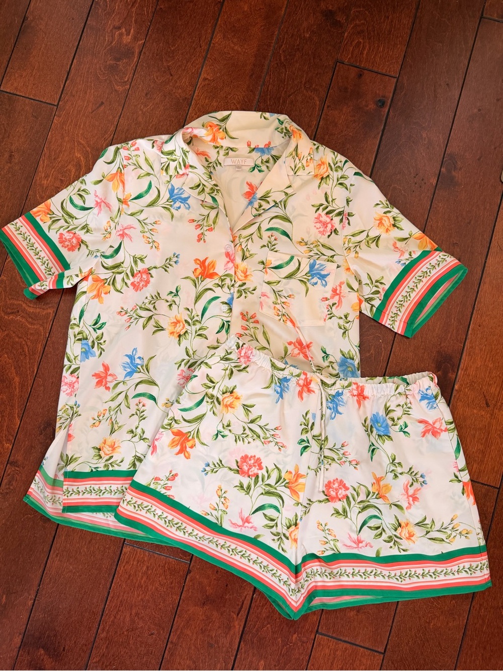Wayf Floral Short-Sleeve Button Pajama Set - White with Green Trim